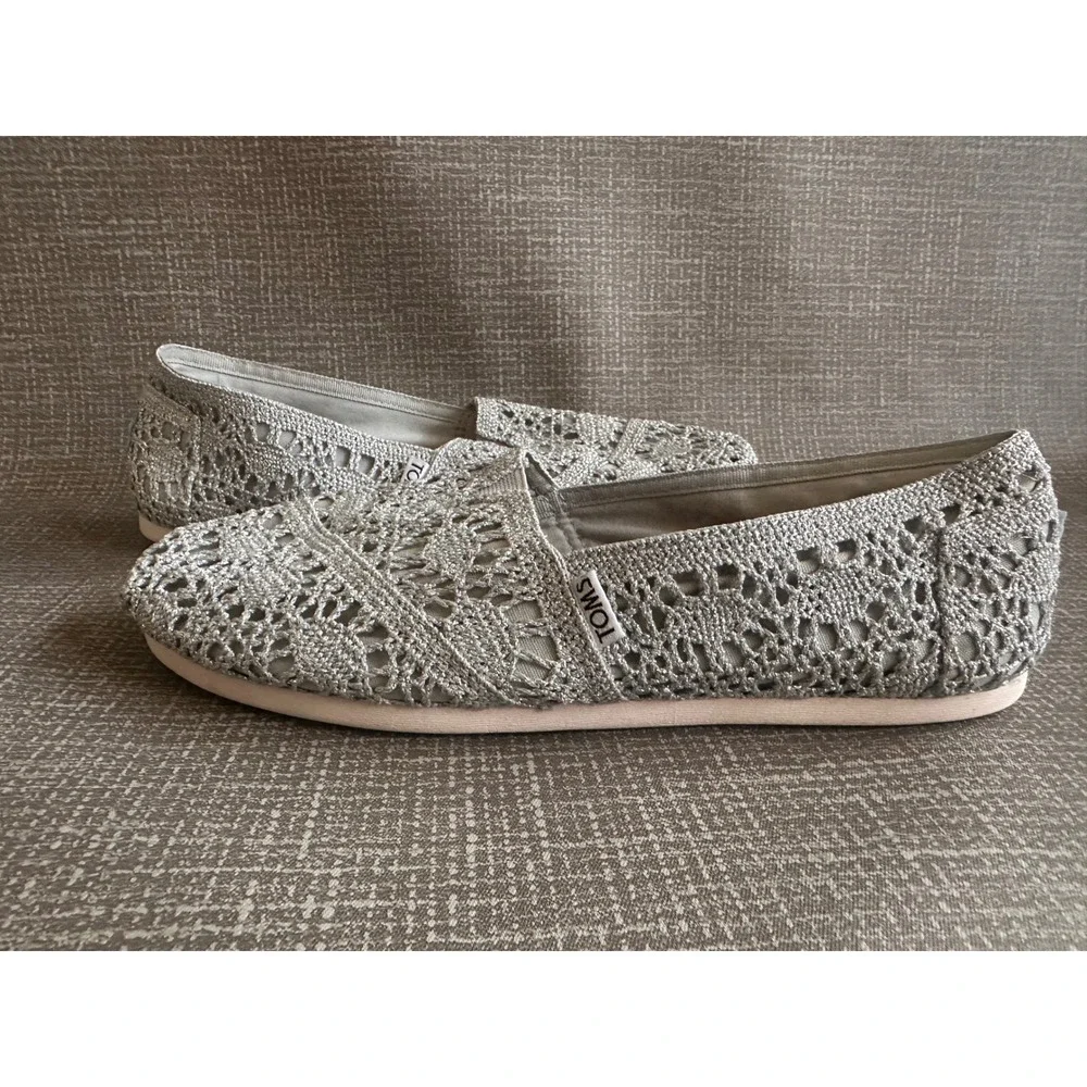 TOMS Silver Metallic Crochet Lace Alpargata Slip On Flats Shoes Womens 10